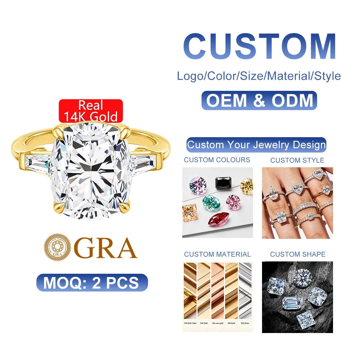 Gioiellieri Fine Jewelry Supplier Woman Engagement Wedding Gift Hollow 14K Gold Diamond 8ct Cushion 3 Stone Moissanite Rings