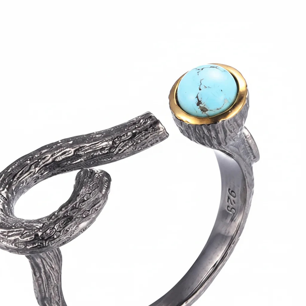 Natural Turquoise Bark Grain 925 Sterling Silver Ring with Gold Plated