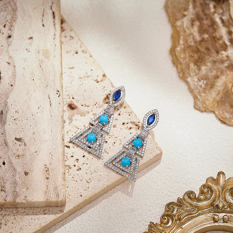 Women Boutique Jeweler Purchases Turquoise Blue Necklace Earrings Anti-oxidation Ring Bracelet Suitable for Banquet 4-piece Set