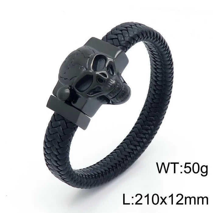 KALEN Men Punk Fashion Bracelets Fine Stainless Steel Leather Wolf Skull Bracelet Bangles