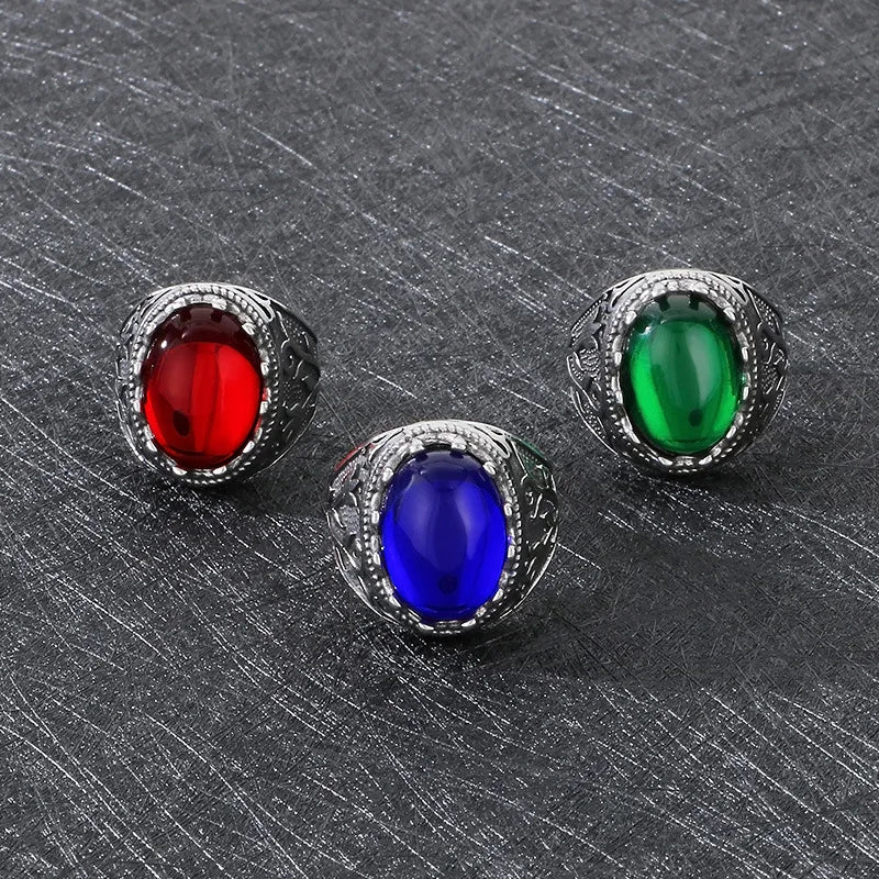 Kalen Vintage Viking Jewelry Luxury Court Style Gemstone Carved Zircon Inlays Stainless Steel Men Rings