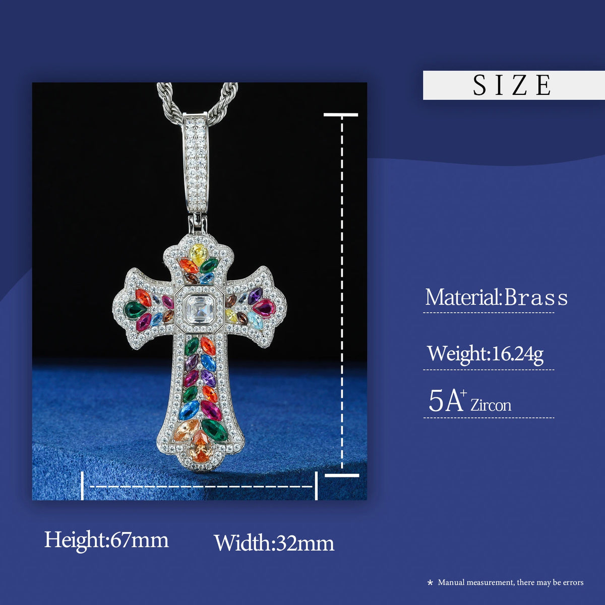 REBEL High Quality Multi Color Gemstone Iris Cross Pendant White Gold Plated Brass AAAAA CZ Diamond Iced Out Cross Charm Necklace