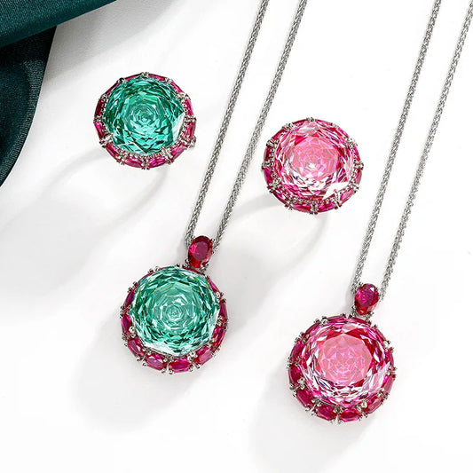 Gemfiori Luxury Women's Jewelry Set Rose Cut Green Crystal Zircon Pendant Necklace Ring Wedding Set