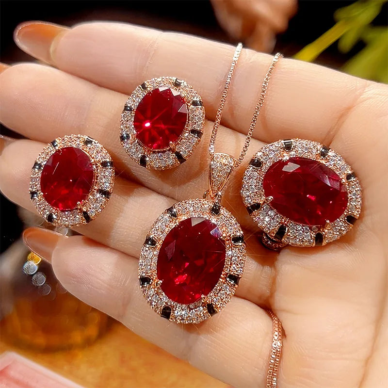 REDheart Trendy Zircon Simulation Brass Inlay Flower Pattern Women's Anniversary Engagement Wedding Party Gift Necklace Set