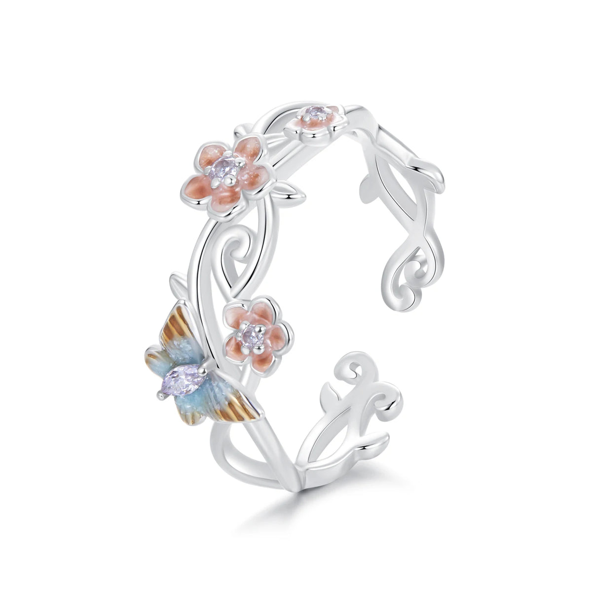 S&S 925 Silver Nature Earring & Ring Set – Butterfly, Cherry Blossom & Kingfisher – Platinum Plated – Collection