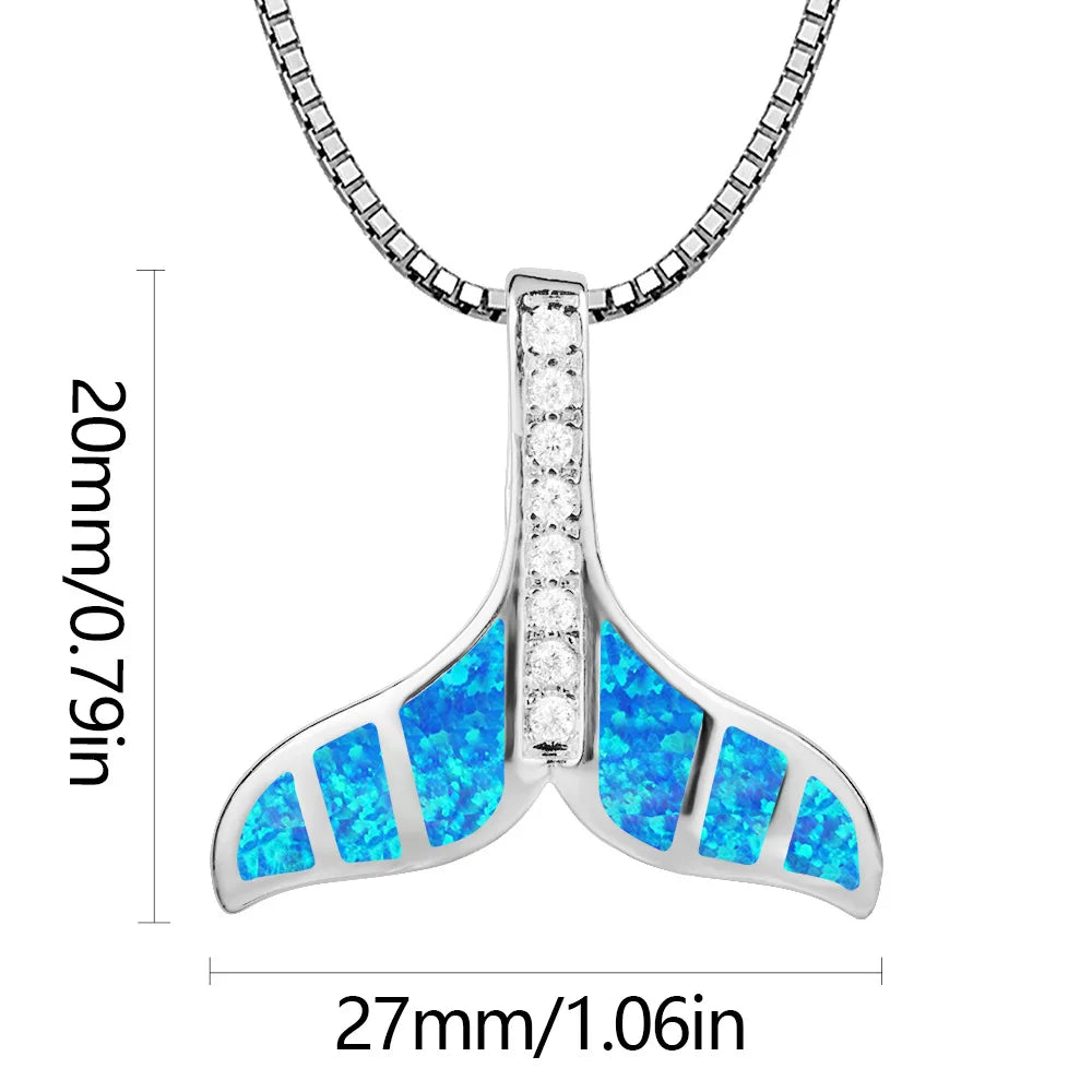 Copper Silver Plated Trendy Christian Hawaiian Animal Blue Opal Whale Tail Fish Tail Pendant Box Chain Anniversary Necklace