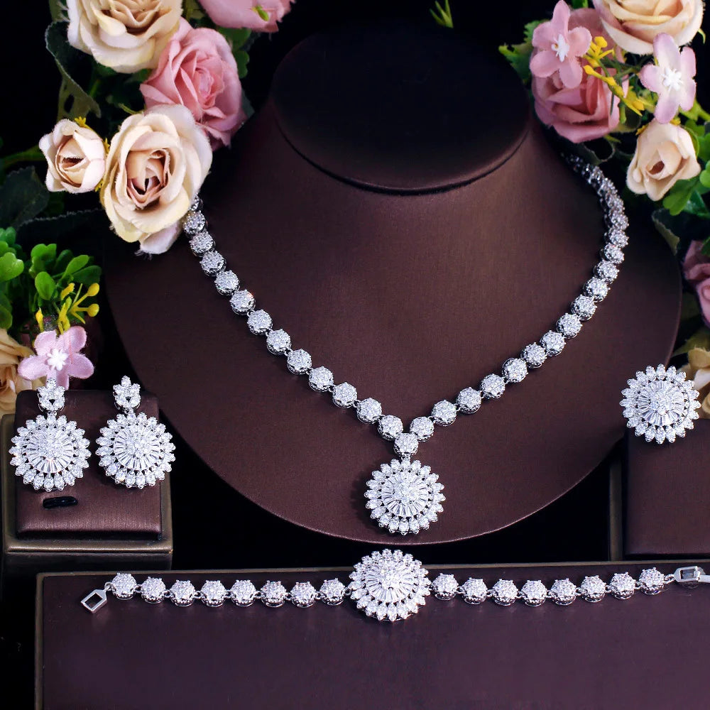 Luxury Round-Cut Zirconia 4-Piece Pendant Necklace, Earrings, Bracelet & Ring Bridal Set — Rhodium Plated