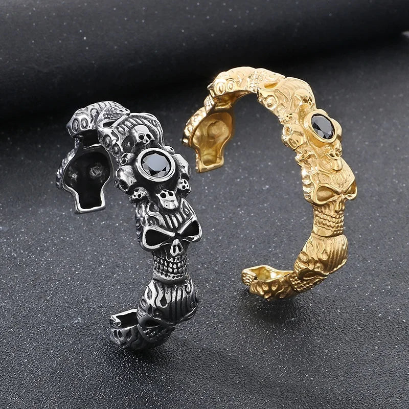 KALEN Men Punk Stainless Steel Fashion Bracelets & Bangles Skull Charm Open Cuff Charm Bracelet