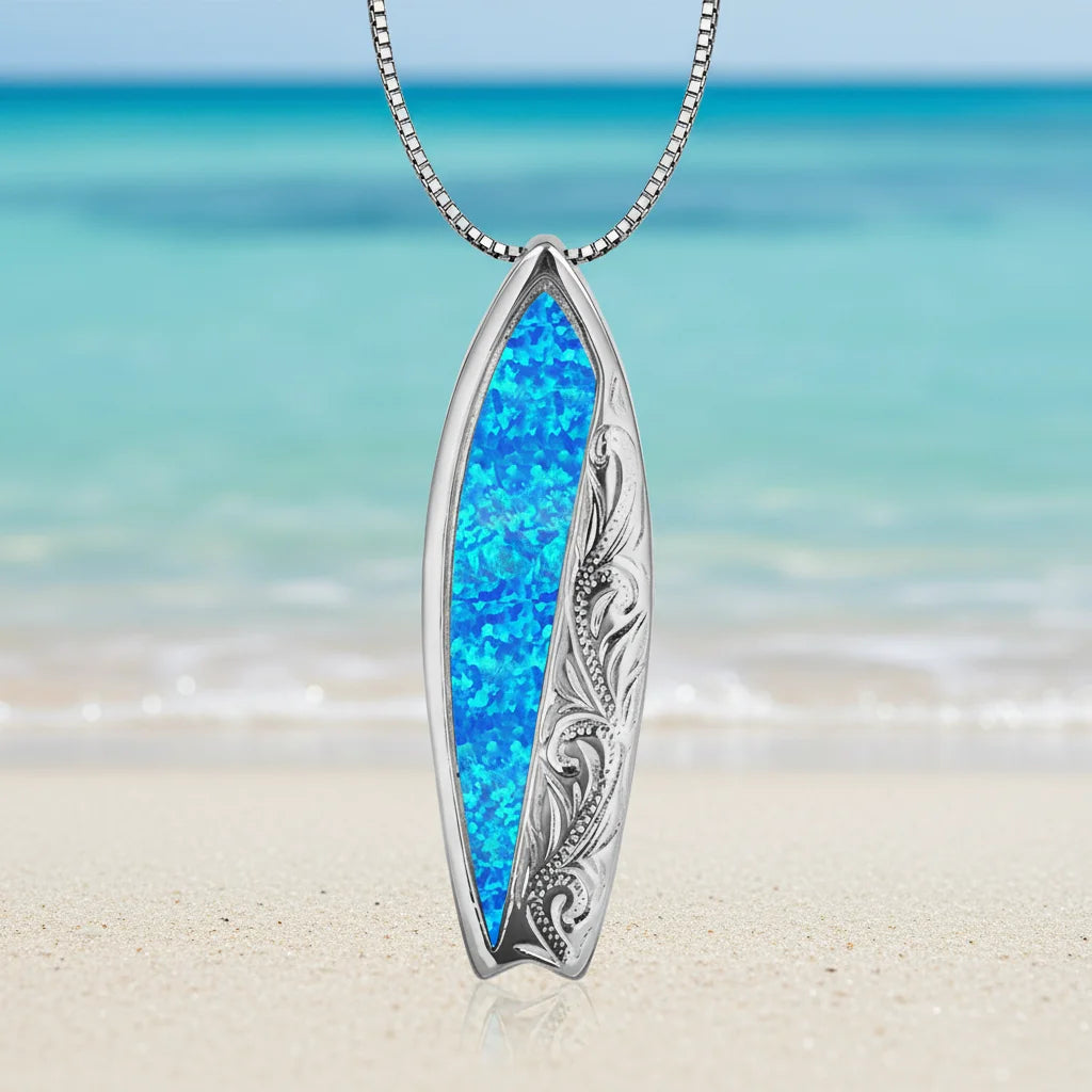 Hawaii Beach Surfboard Women's Lab Created Blue Opal Silver Plated Copper Alloy Box Chain Necklace for Anniversary
