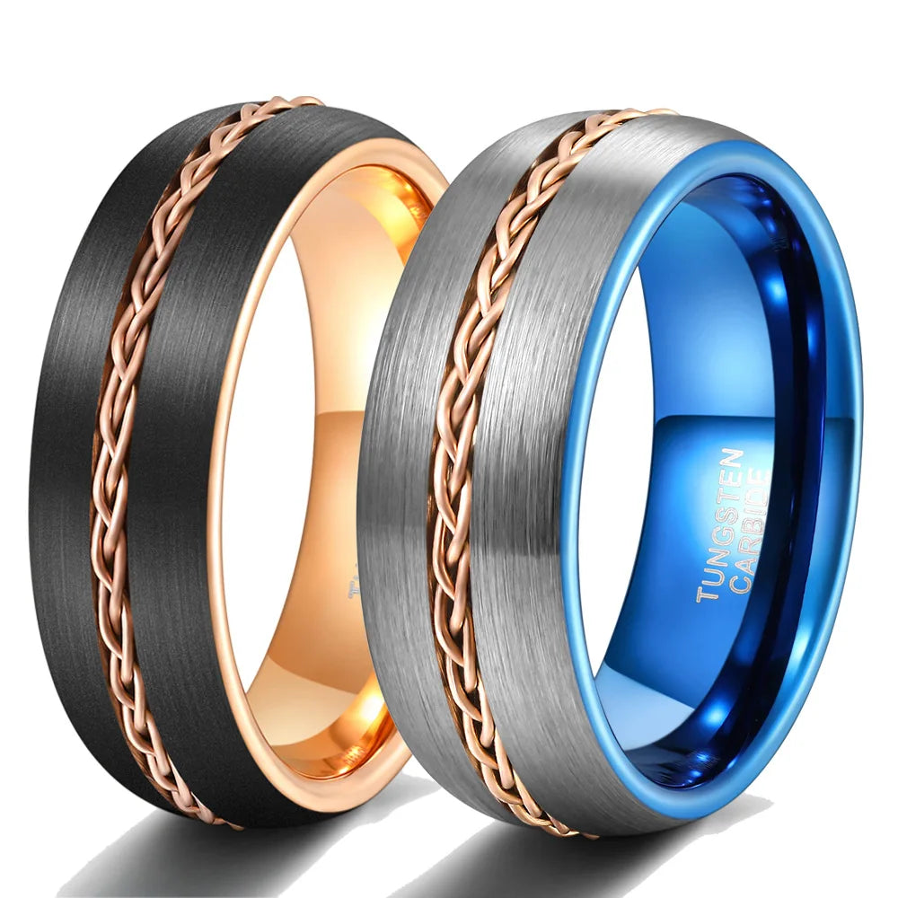 Men's Trendy 8mm Wedding Band Two Tone Black Brushed Tungsten & Copper Wire  Men's Tungsten Rings for Men Fashion Jewelry Rings