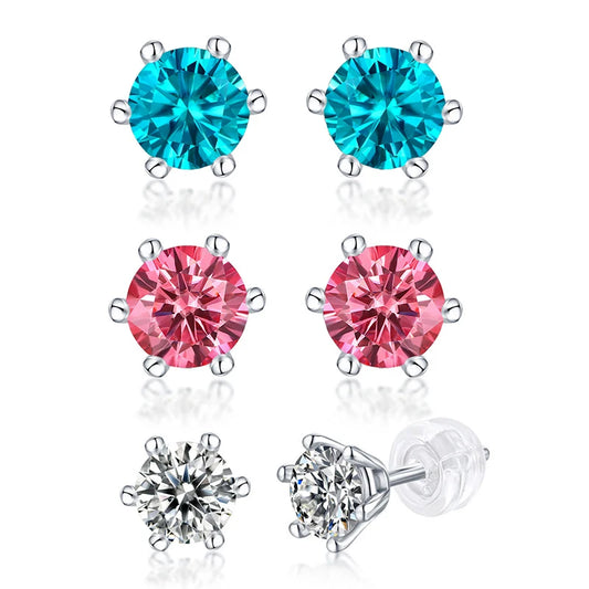 Six Claws Snowflake Moissanite Pink Blue Diamond Stud Earring 925 Sterling Silver Moissanite Earring Women Jewelry