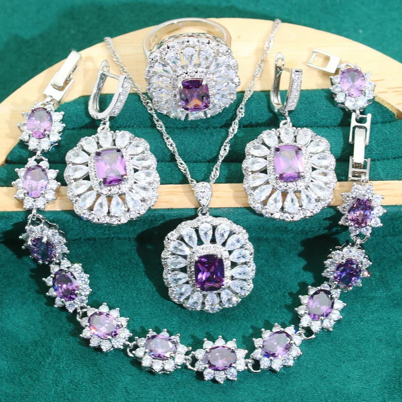 XOTICA Luxurious 925 Silver Jewelry Set for Women Blue Zircon Sapphire Earrings Necklace Pendant Ring for Wedding Birthday Gifts