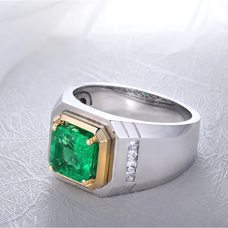 Gemfiori Loose Lab Created Emerald Ring for Men Silver Jewelry for Couples Manufactured Emerald Ring Design