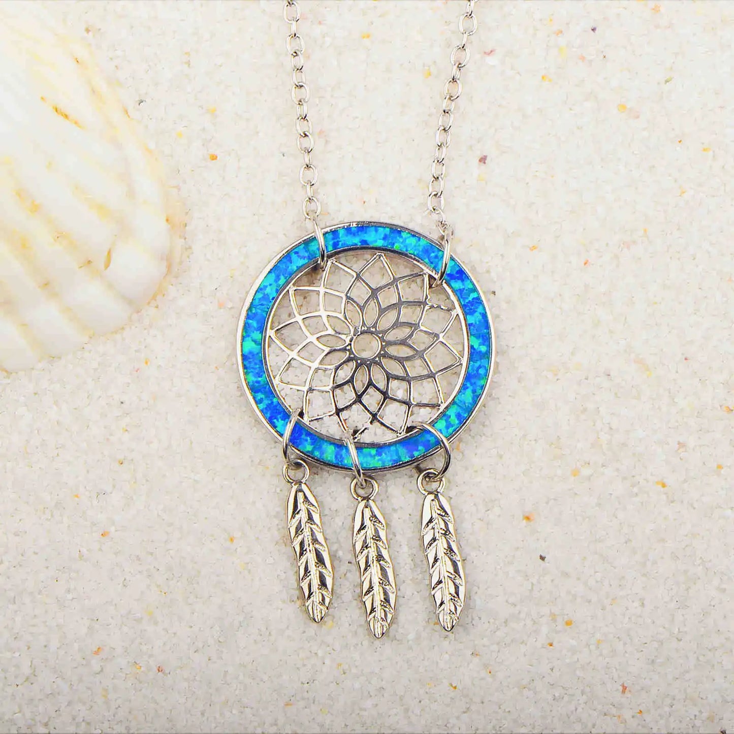 New Cute Blue Opal Bohemian Christian Dreamcatcher Necklace Minimalist Geometric Pendant Silver Plated Copper Box Chain Gift