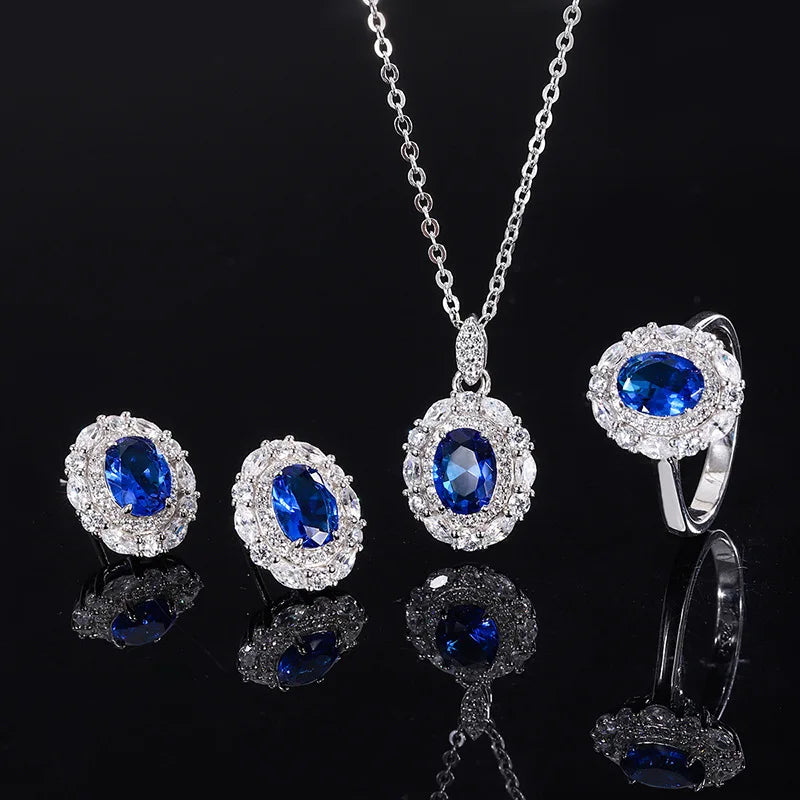 Gemfiori New Hot Selling Jewelry Brass Gold-plated Retro Sea Blue Oval Zircon Minimalist Style Set