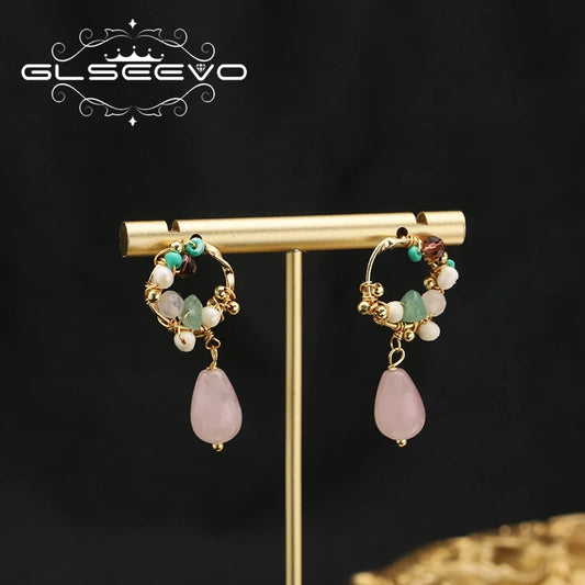 Trendy Pink Water Drop Pearl Earring Round Twine Korean Style Woman Ear Rings Vintage Jewelry Wedding Lady Gift