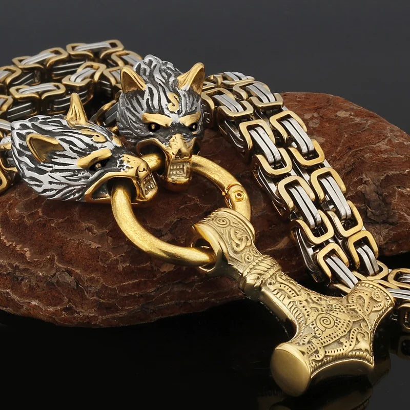 Wholesale Men's Stainless Steel Punk Pendant Necklace Gold Plated Thor Hammer Mjolnir for Mens Jewelry