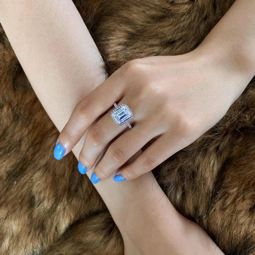 MuShan Jewelry Factory Small Cube Sugar 8*10 High Carbon Diamond Women Ring 4ct Luxurious Group Set 925 Sterling Silver Ring