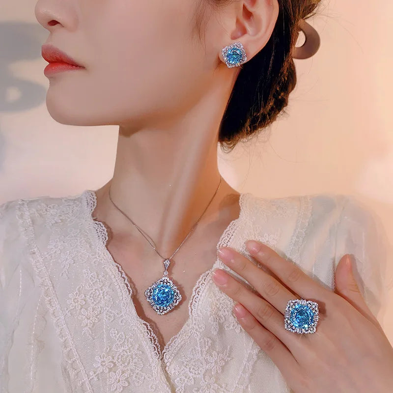 Gemfiori Luxury Korean Style Necklace Ring Earring Sea Blue Zircon French Retro Women's Elegant Set