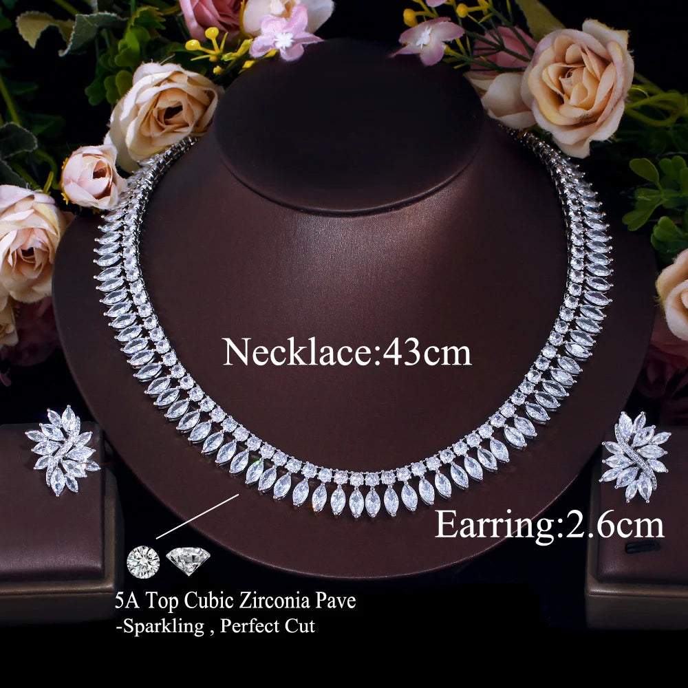 Sparking White Marquise Cut Cubic Zircon Choker Necklace and Earrings Wedding Bridal Super Luxury Jewelry Set for Women