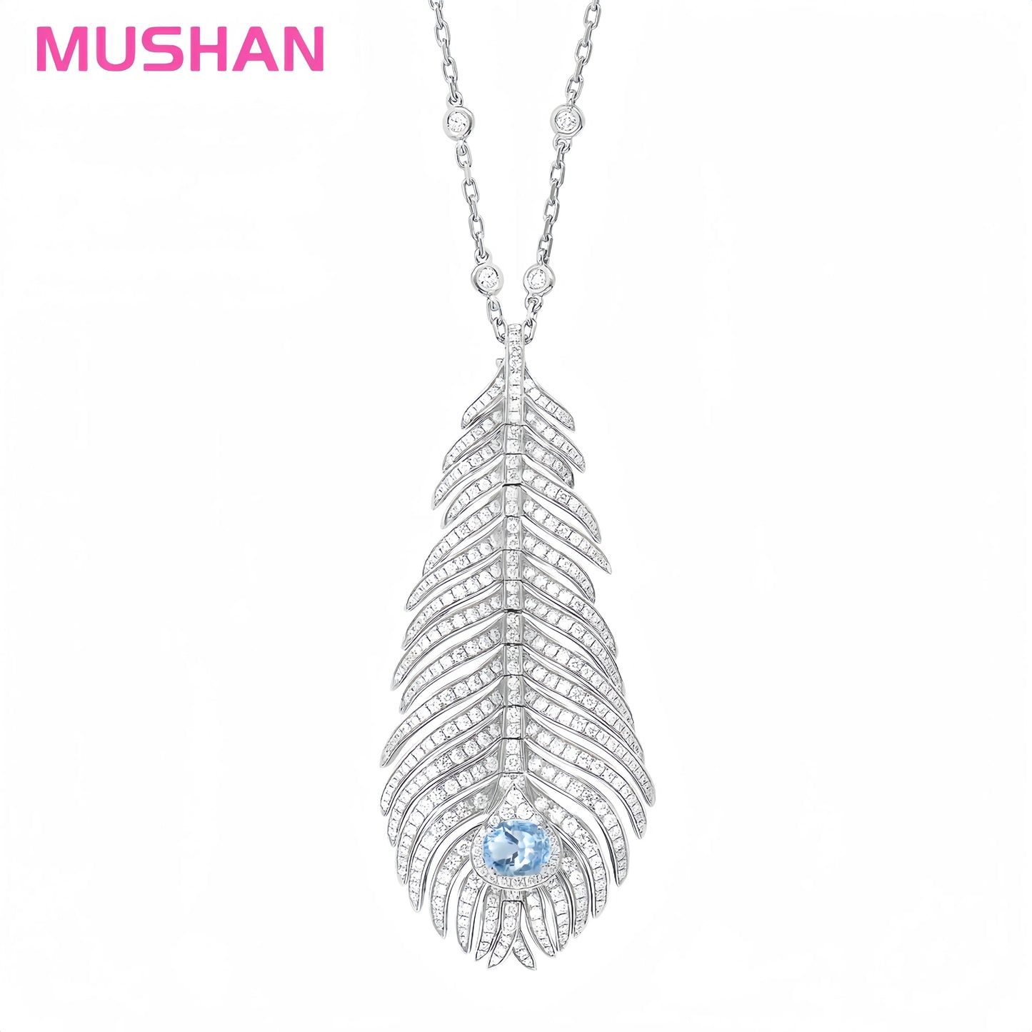 MUSHAN Jewelry 925 Silver Jewelry Long Chain Necklaces Women High Carbon Diamond Aquamarine Gemstones Feather Pendant Necklaces