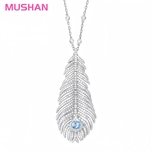 MUSHAN Jewelry 925 Silver Jewelry Long Chain Necklaces Women High Carbon Diamond Aquamarine Gemstones Feather Pendant Necklaces
