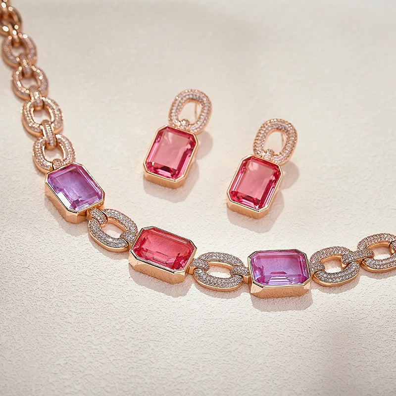 Rose Gold Pink Purple Set Modern Geometric Cutting Gem Neck Chain Earring Combination Exquisite Spicy Girl Banquet Party Jewelry