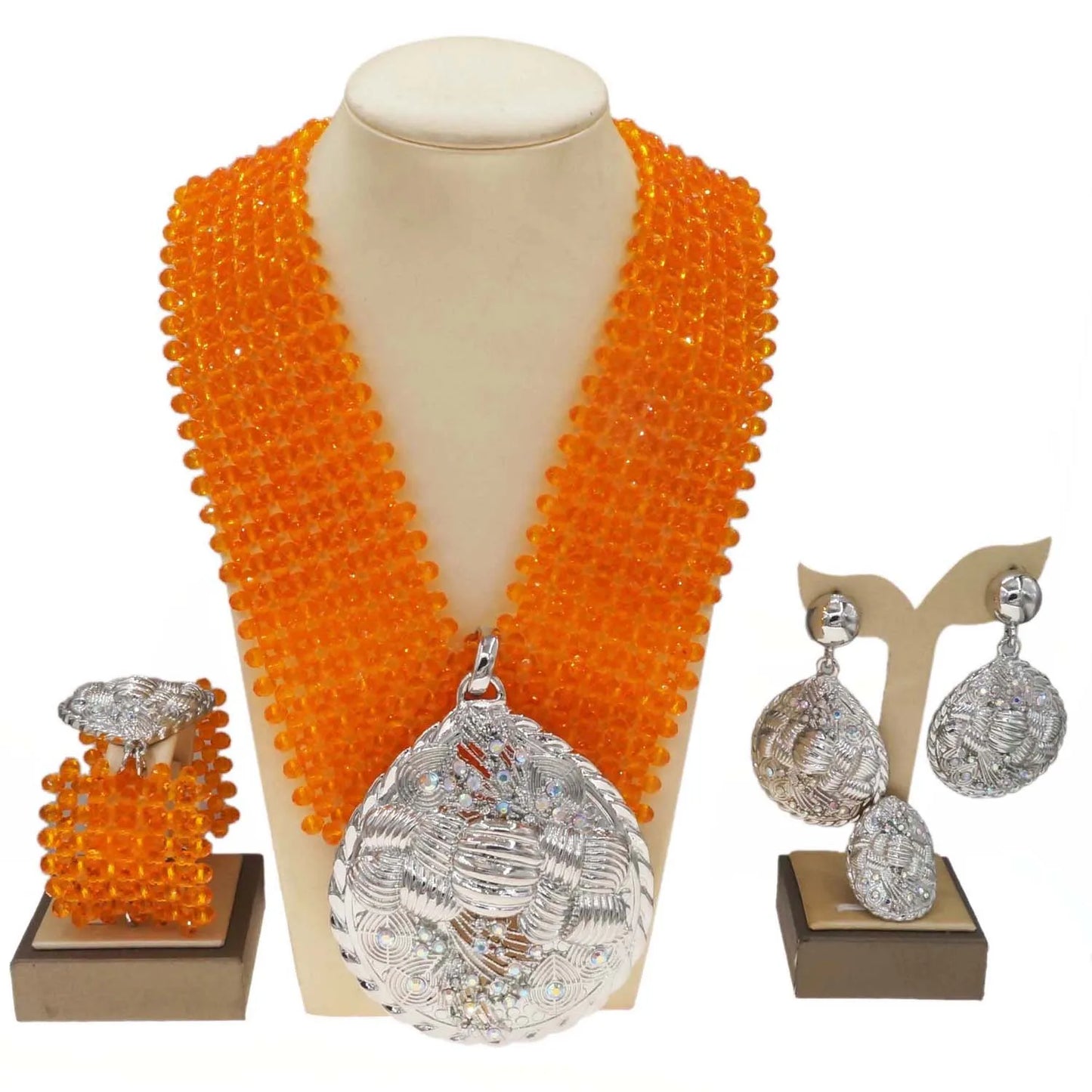 Zhuerrui Simple Bridal Gold Plated Jewelry Sets Orange Beads Necklace Jewelry Set Exquisite Woman Festival Party Gifts H40041