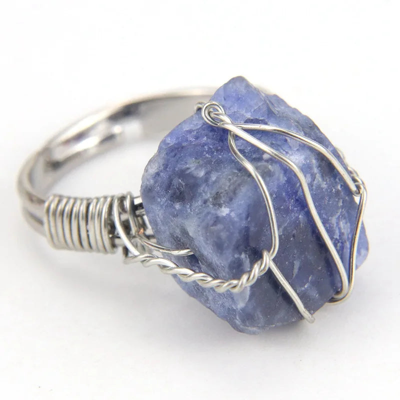 Men Women Large Stone Rings Wire Wrapped Crystal Resizable Gem Ring
