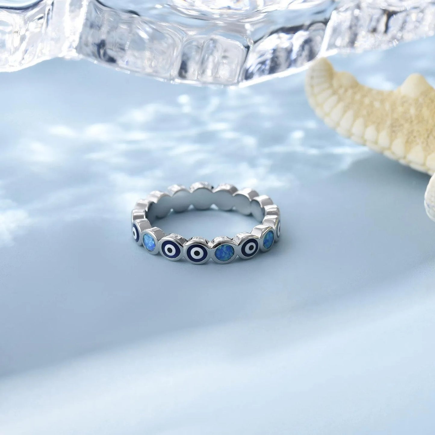 Mystical  Ring | Blue Iridescent Gem & Contrast Pattern Band | Bold Protective Jewelry for Daily & Party Style