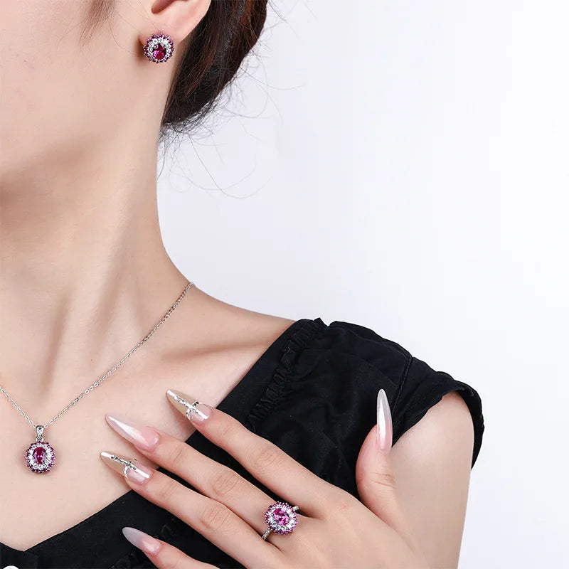 High End Eco-friendly Copper 6*8mm Red Zircon Oval Cut Romantic Bridal Jewelry Set Two Tone Wedding Ring Necklace Earrings Set