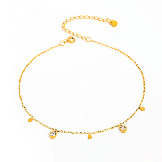 Dainty 18k Pvd Gold Plated Non Tarnish Free Waterproof Water Drop Zircon Tassel Stainless Steel Anklet