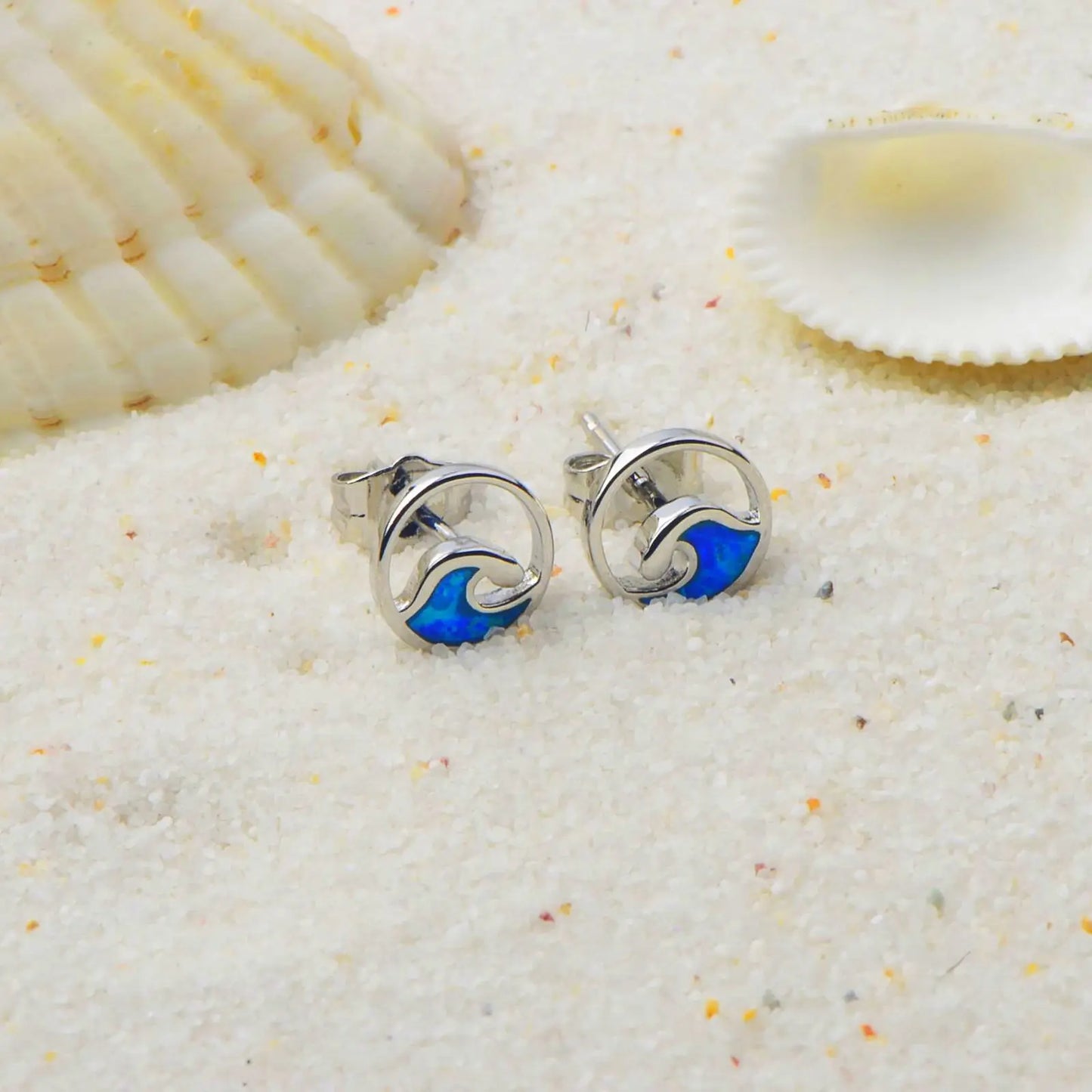 Ocean Wave Opal Stud Earrings - Blue Fire Opal Inlaid Circle Wave Design | Coastal Minimalist Jewelry Bulk Gifts