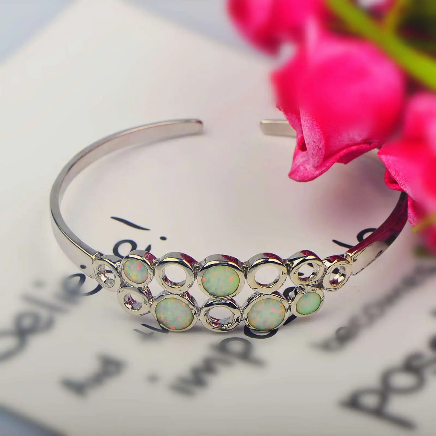 Aobao Elegant Opal Beaded Bangle Silver Plated Trendy Women's Jewelry for Anniversary Gift