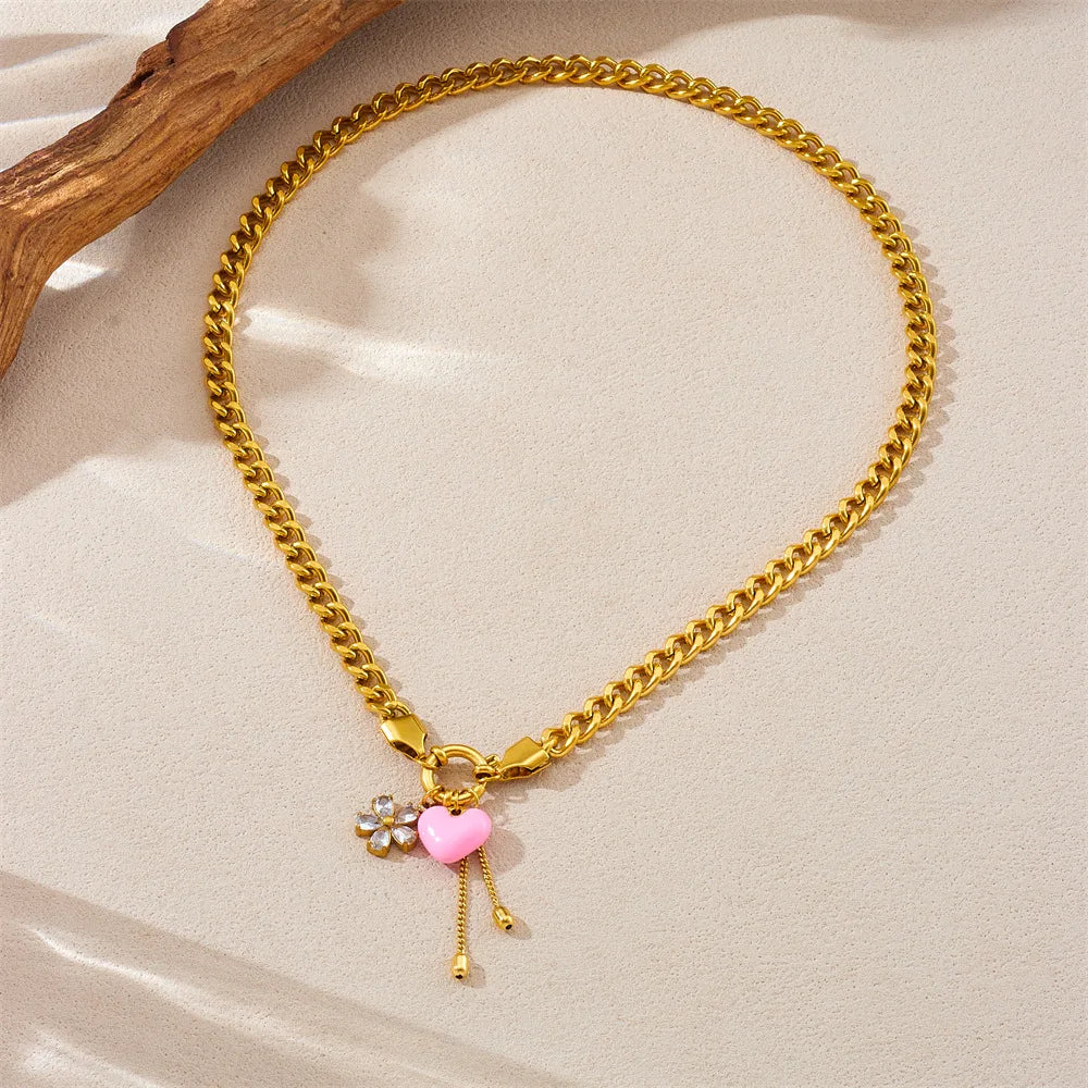 Hot Sell Fashion Stainless Steel Pink Heart Pendant Necklace and Bracelet Set Women Gold Jewelry Set