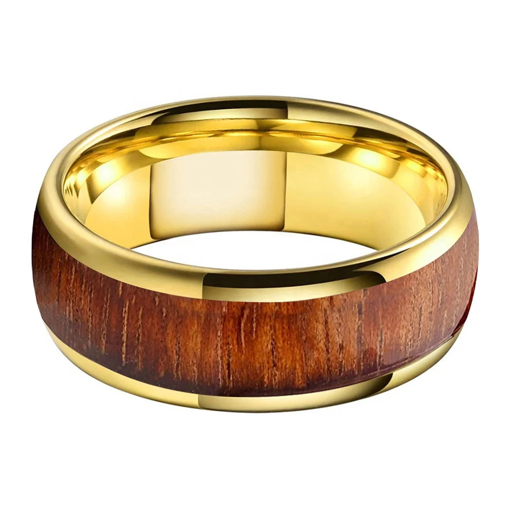 Coolstyle Jewelry 8mm Gold Tungsten Carbide Ring for Men Women Fashion Engagement Wedding Band Koa Wood Inlay Comfort Fit