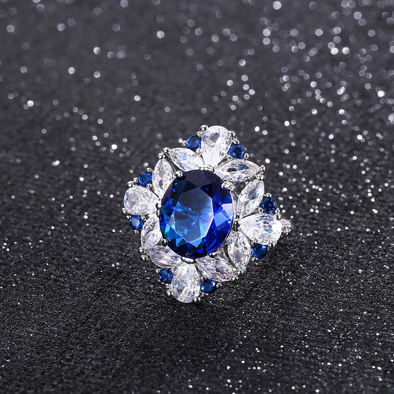 Delicate Eco-friendly Copper Dainty Floral Design Necklace Earrings Ring 3PCS Set 10*12/6*8mm Blue Zircon Flower Jewelry Set