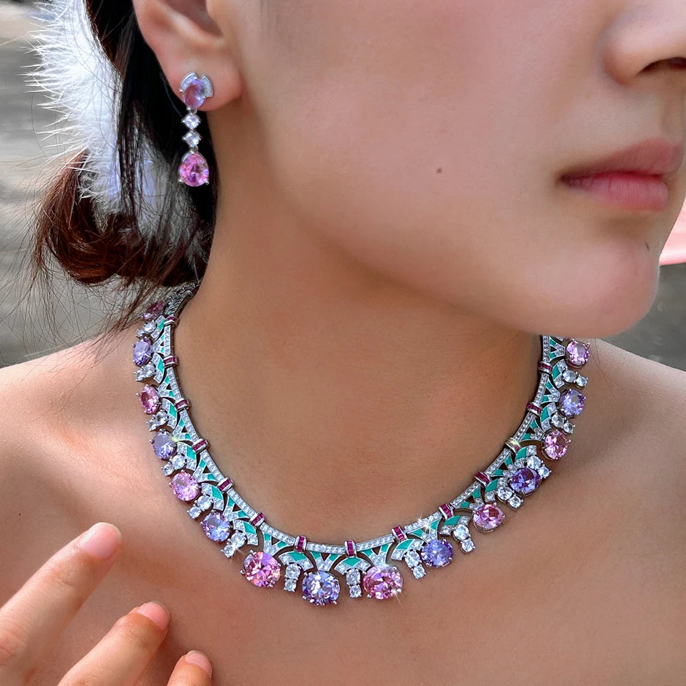 Graceful Pink and Purple Oval Cut Shape Cubuic Zirconia Green Enamel Statement Jewelry Set for Women Evening Prom Jewelry Gift