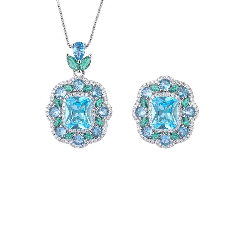 Gemfiori European and American Retro Jewelry Pendant Ring Set Jewelry clear Blue Zircon Fashionable High-end Ring