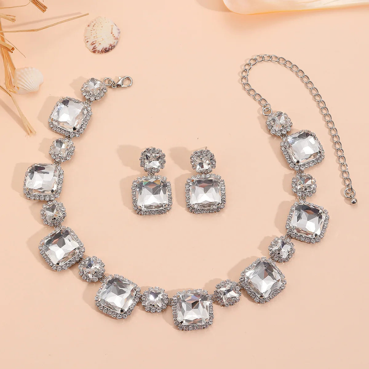 XM S90 New Luxury Crystal square Gemstone Jewelry Set Necklace Wedding Party Rhinestone Necklace Earring Set
