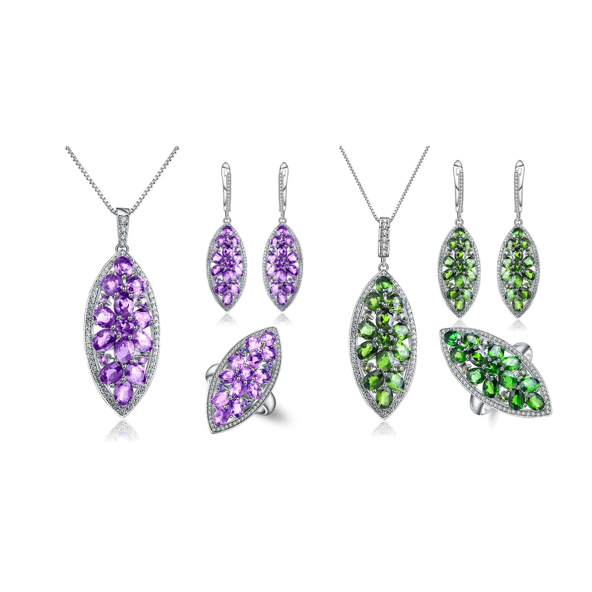 ArtistA Abiding Custom 925 Silver Natural Amethyst Chrome Diopside Bridesmaid Blossoms Big Size Jewelry Sets for Wedding