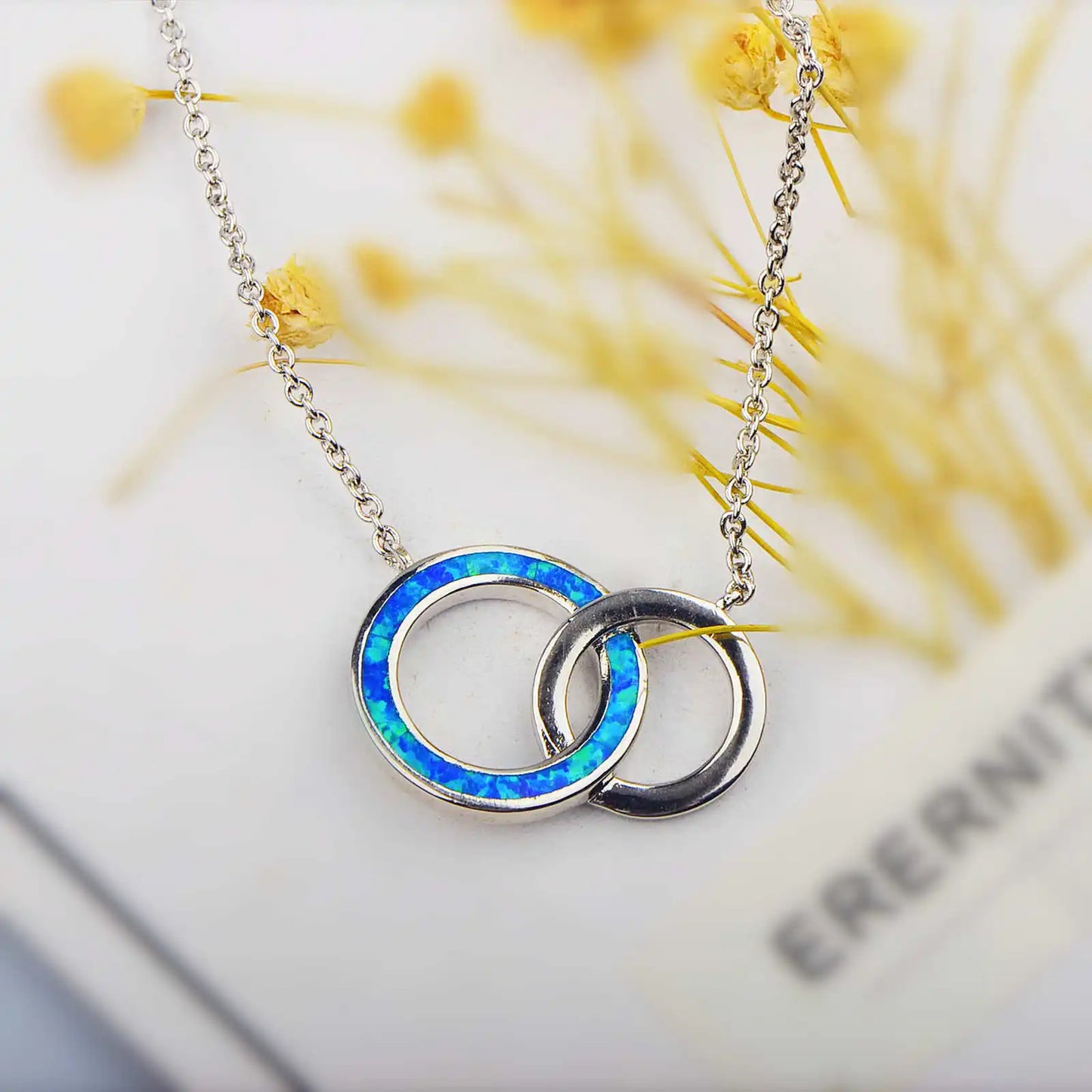 Aobao New Style Fashion Jewelry: Blue Opal Double-loop Necklace, Circular Pendant Sweater Chain, Opal