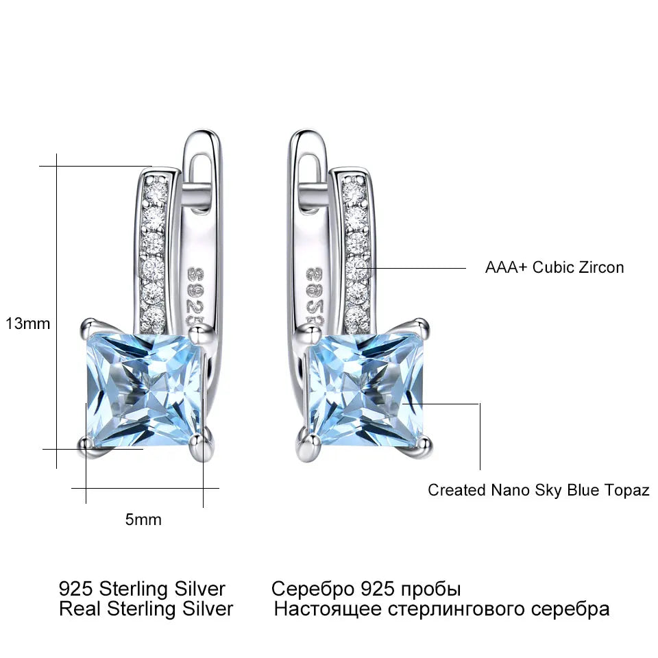 Fashion Jewelry Classic Rhodium Plated 925 Sterling Silver Earrings Blue Topaz Stone Hinged Backing Clip-On Earring for Women
