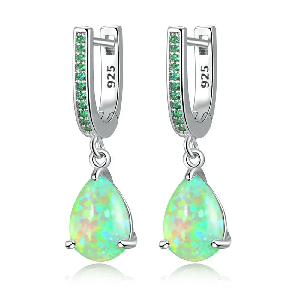 Retro Bohemian Christian Teardrop Green Opal Silver Plated Brass Earrings Elegant Women's Gift Bulk Supply