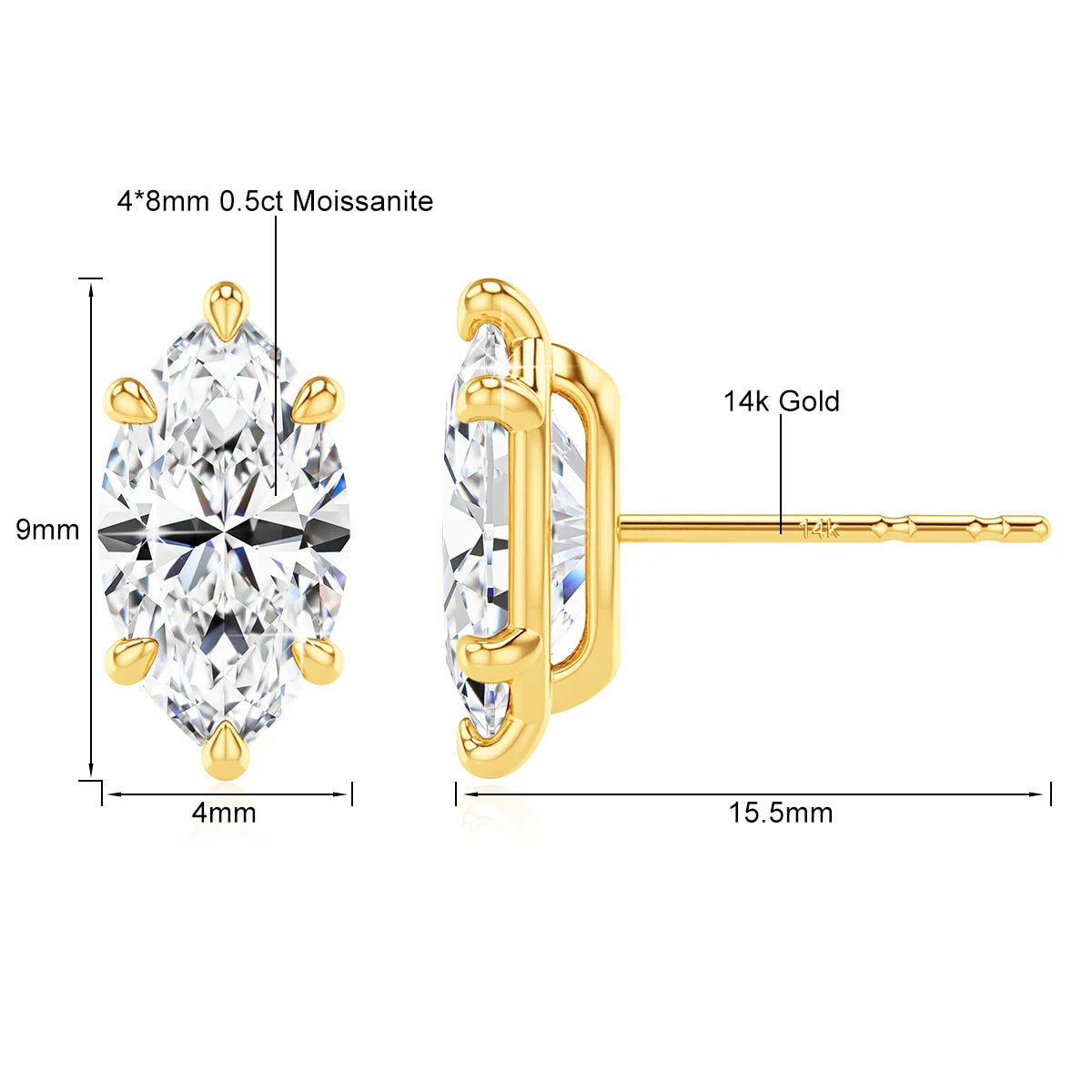Gioiellieri Classic Luxury Jewellery 6 Prongs Woman Birthday Gift 14K Gold Marquise Cut Moissanite Diamond 0.5ct 1ct 2ct Stud Earrings