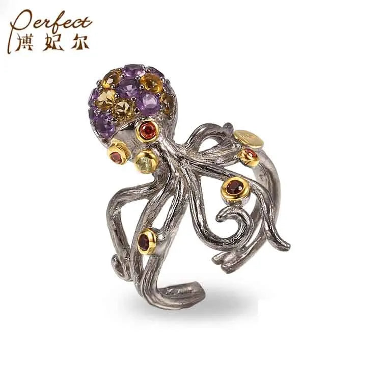 Cute Octopus 925 Sterling Silver Colour Gemstone Ring with Gold Plated