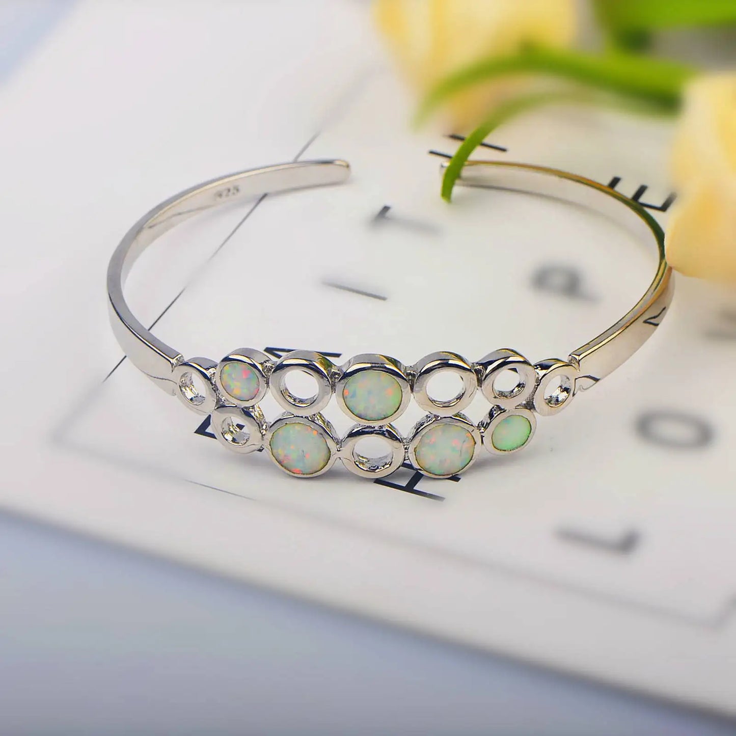 Aobao Elegant Opal Beaded Bangle Silver Plated Trendy Women's Jewelry for Anniversary Gift