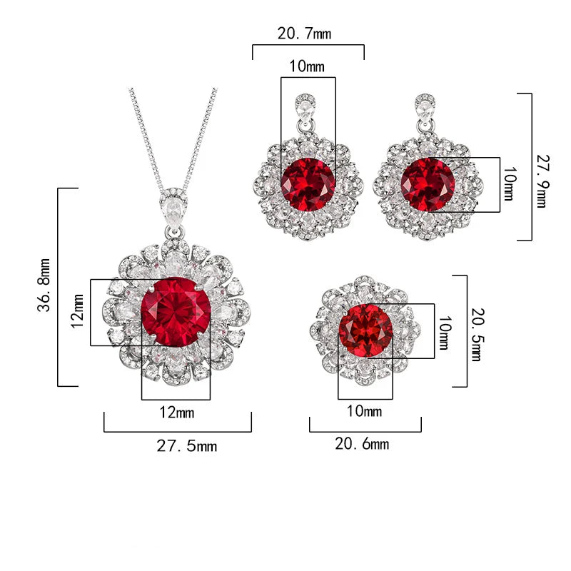 Gemfiori Bridal Wedding Luxury Ruby Flower Set with Zircon Exquisite Jewelry Wedding Necklace Earrings Three Piece Set