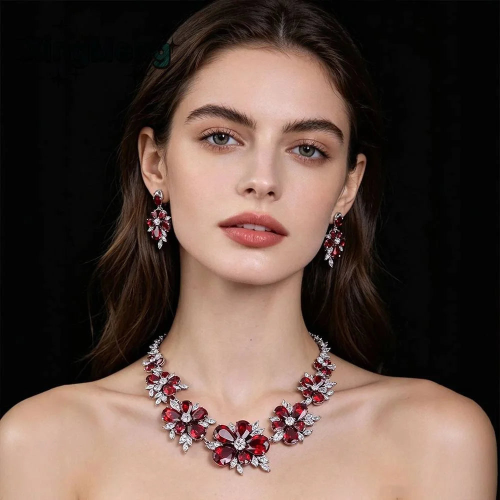 XM S307 Brass Silver Plated Red Zircon Floral Statement Necklace and Drop Earrings Jewelry Set for Women Wedding