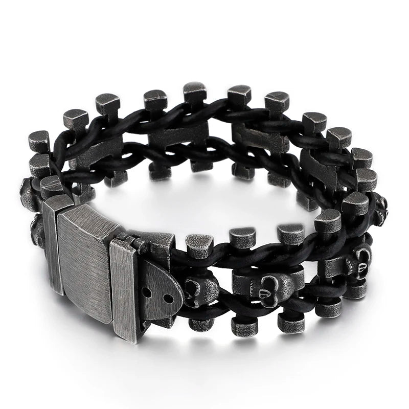VIKING Mens Punk Skull Skeleton Link Bracelet – Oxidized Stainless Steel